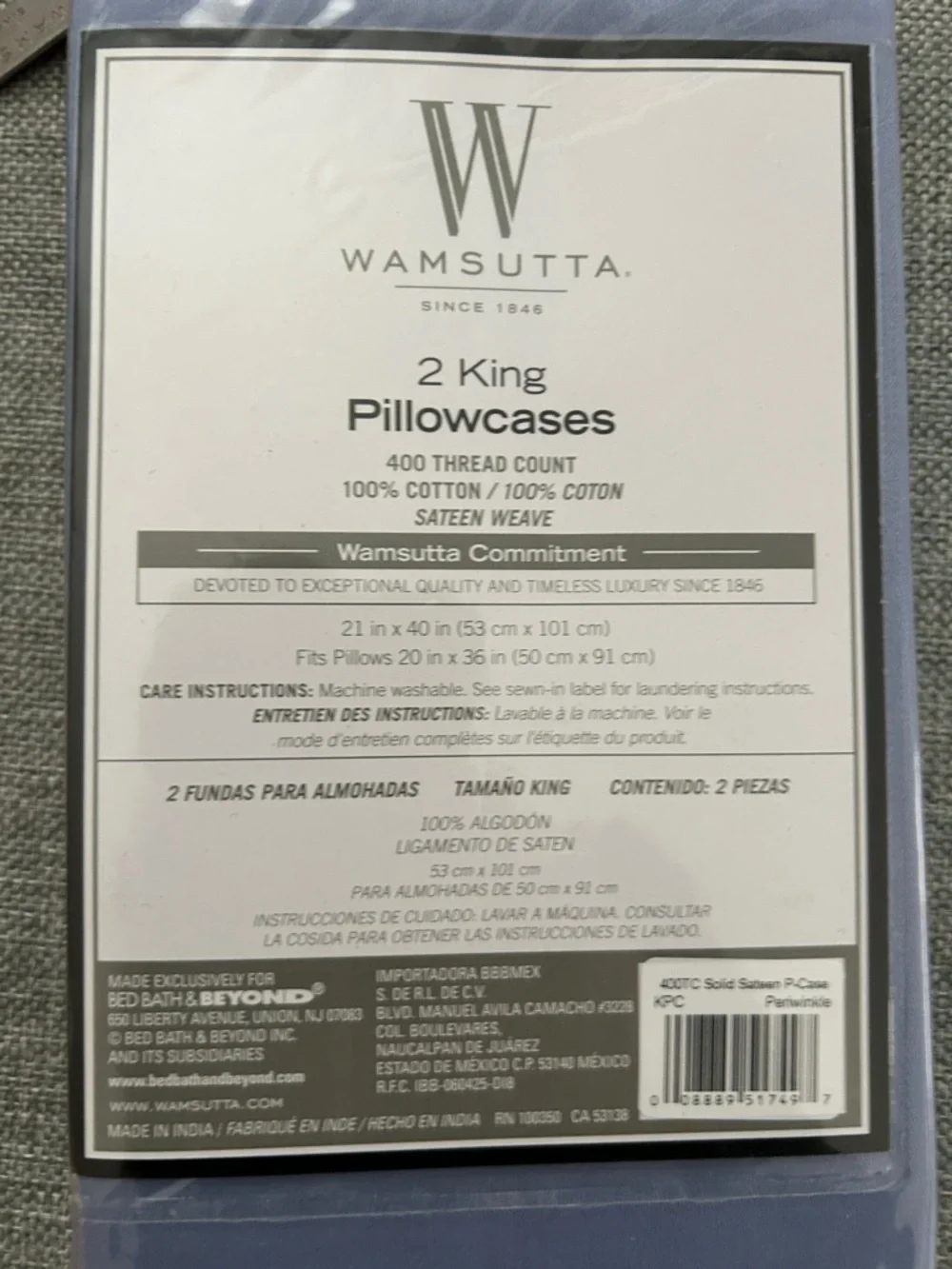 Wamsutta 400 Thread Count 100% Cotton Set Two Pillowcases Light Blue Periwinkle